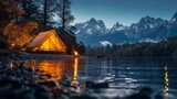 A tent glowing warmly under the night sky, accompanied by the comforting crackle of a campfire in a serene national park setting.
