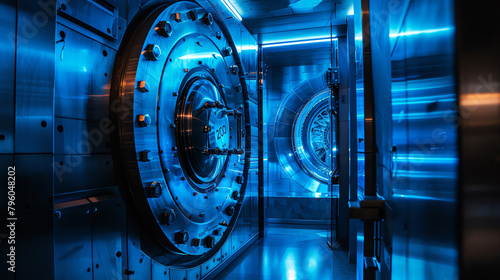 A striking electric blue bank vault, its door detailed with circular patterns similar to those found in luxury vehicles, emphasizing a fusion of security and modern design. © arhendrix