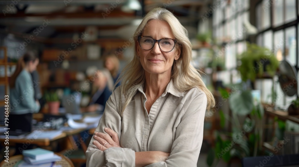 Confident Leadership: Portrait of a Smiling Middle-Aged Businesswoman in Casual Attire and Glasses, with Colleagues Working in the Background Confident Leadership: Portrait of a Smiling Middle-Aged Businesswoman in Casual Attire and Glasses, with Colleagues Working in the Background