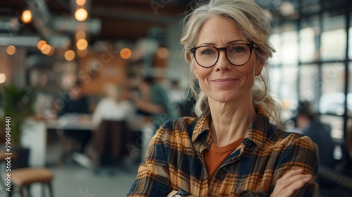 Confident Leadership: Portrait of a Smiling Middle-Aged Businesswoman in Casual Attire and Glasses, with Colleagues Working in the Background © nicole