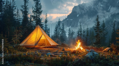 A glowing campfire casting warm light on a pitched tent surrounded by towering trees in the wilderness of a national park. photo