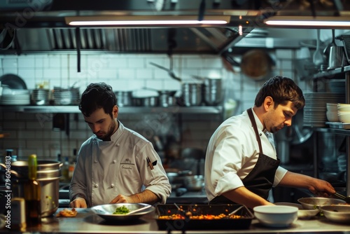 Two chefs, wearing white chef coats and toques, are working by cooking food, chopping vegetables, and stirring a pot in a commercial kitchen.