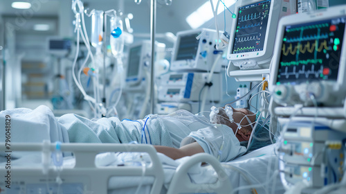 An intimate view of a patient in a hospital ward, surrounded by life support equipment and critical monitors, illustrating the intense care provided in medical emergencies. photo