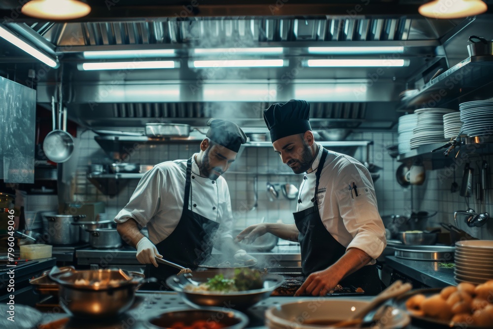 Two chefs, wearing white chef coats and toques, are working by cooking food, chopping vegetables, and stirring a pot in a commercial kitchen. Two chefs, wearing white chef coats and toques, are working by cooking food, chopping vegetables, and stirring a pot in a commercial kitchen.