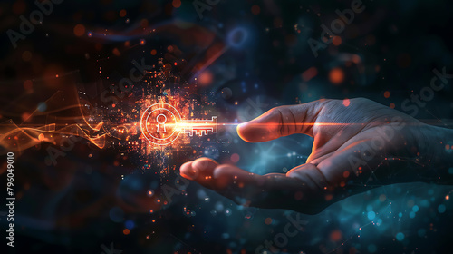 Close-up of a hand holding a glowing digital key, symbolizing access and control in the realm of advanced technology.