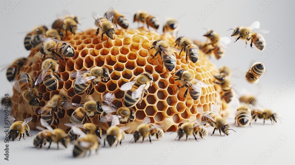 A group of bees are flying around a honeycomb A group of bees are flying around a honeycomb