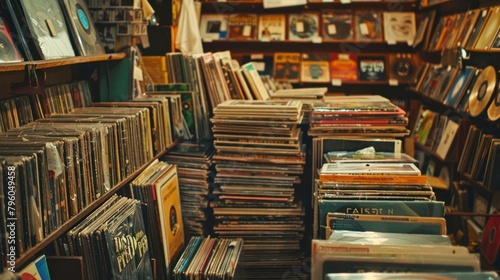  vintage record store with stacks of vinyl records, classic album covers, and a nostalgic atmosphere.  