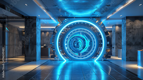 Innovative bank security showcased through an electric blue vault door, its design intricately circular and inspired by the craftsmanship of luxury car parts, ensuring both safety and elegance. © arhendrix