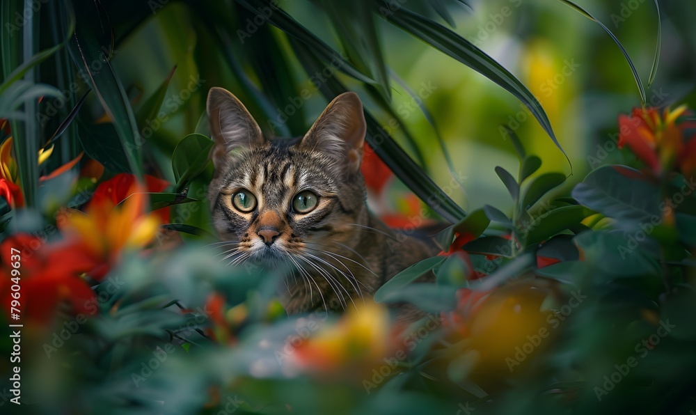 Close-up photo of a cat nestled against an out-of-focus background of lush green grass and colorful flowers, Generative AI Close-up photo of a cat nestled against an out-of-focus background of lush green grass and colorful flowers, Generative AI