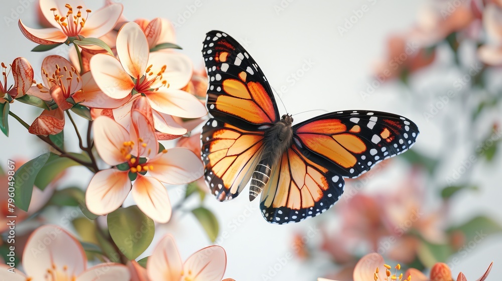 A butterfly is flying over a flower bush