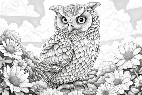 A drawing of an owl sitting on a flower bed
