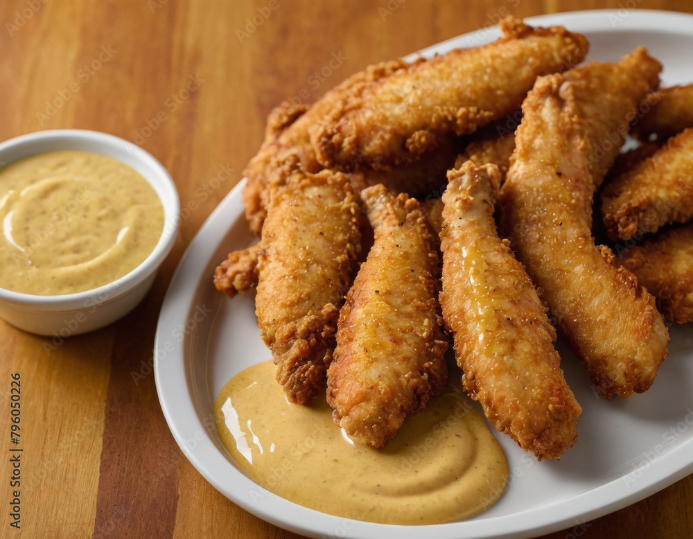 an image of a tray of golden-brown chicken tenders, arranged neatly with a side of honey mustard sauce. an image of a tray of golden-brown chicken tenders, arranged neatly with a side of honey mustard sauce.