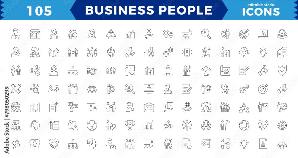  Business people Pixel perfect icons, outline icon collection,Businessman outline icons collection. Teamwork, human resources, meeting, partnership,Editable Stroke.