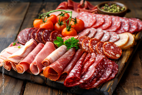 A wooden board with a variety of meats and vegetables, including ham, salami