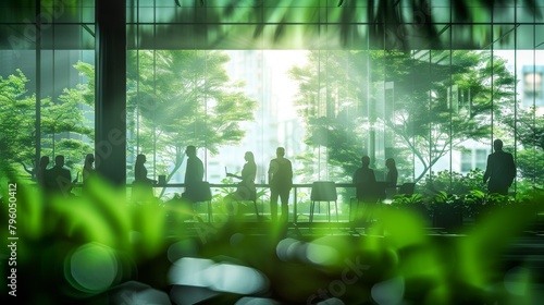 Green, sustainable and environmental office space with daily employee rush. Modern and nature friendly startup business with ESG standards and care for worker wellness and healthy environment