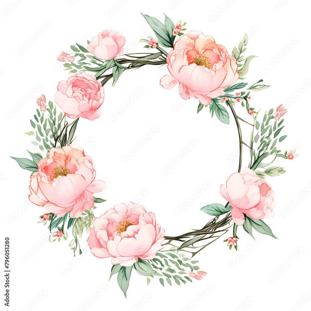 Beautiful wreath of pink flowers and green leaves on a white background
