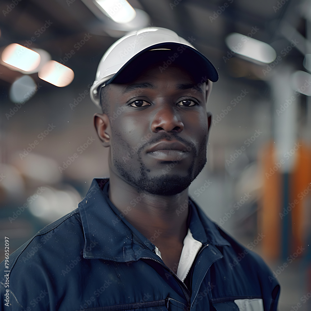 Dark-skinned man in work uniform, looks straight ahead Dark-skinned man in work uniform, looks straight ahead