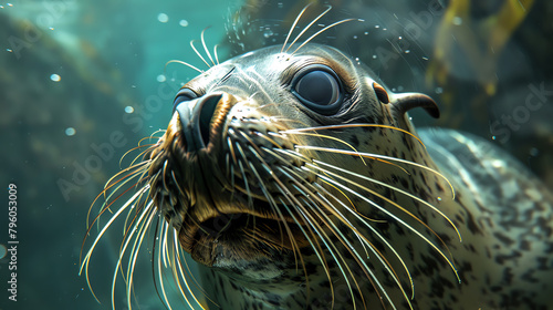 A macro shot of a seal's face, focusing on the whiskers that detect vibrations underwater, emphasizing the importance of whiskers in marine mammal hunting behavior.