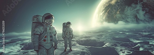 astronaut team shown atmospherically in a scene reminiscent of a space opera on the moon in film photo