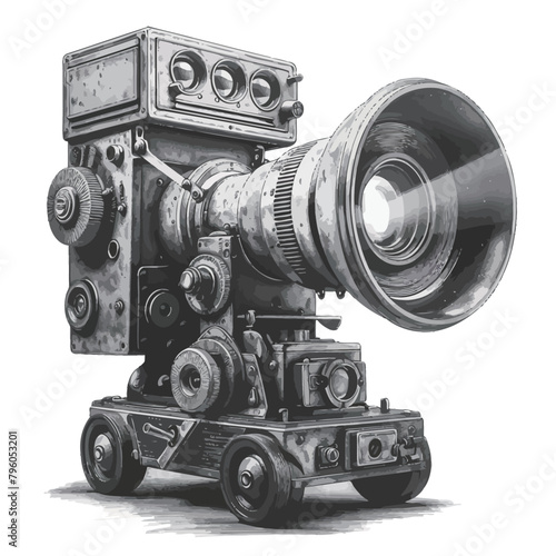 Vintage movie camera on a white background. Drawing and illustration.