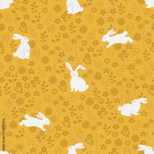 Easter seamless pattern with cute white bunny on spring garden