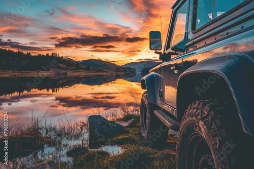 A 4x4 vehicle parked beside a tranquil lake reflecting the vibrant colors of a sunset
