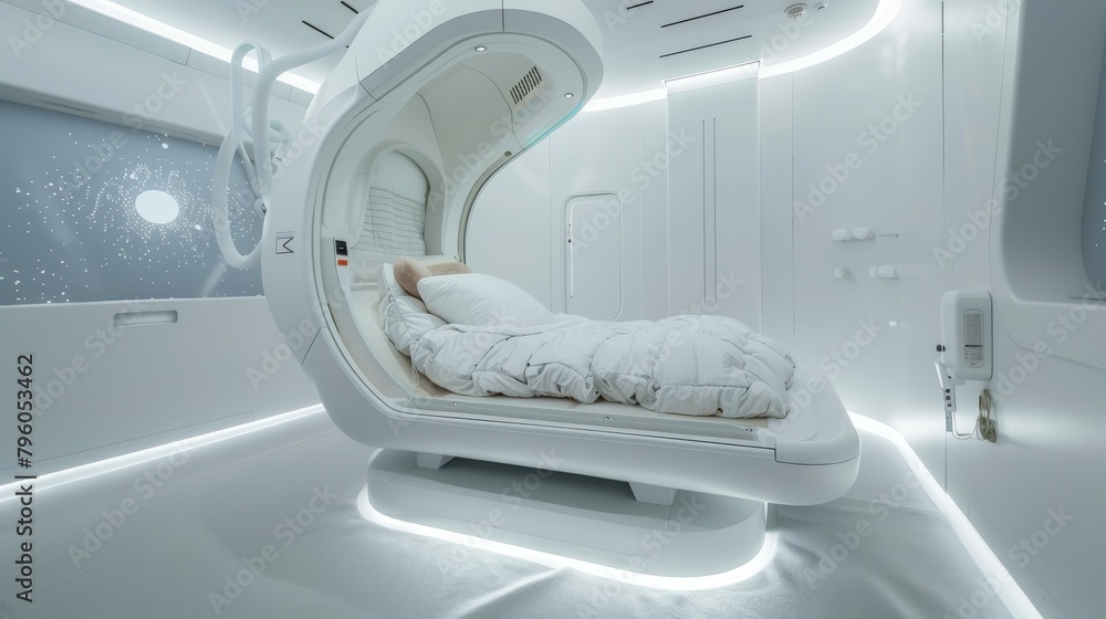 Advanced cold sleep pod in a space environment, white backdrop, focused on noiseless, pristine visuals Advanced cold sleep pod in a space environment, white backdrop, focused on noiseless, pristine visuals