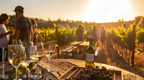 A rustic outdoor wine tasting event with guests enjoying different varieties of wine, set against the backdrop of vineyard rows under a setting sun.