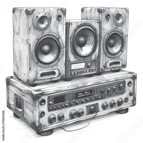 Retro audio speakers on a white background, digital watercolor painting