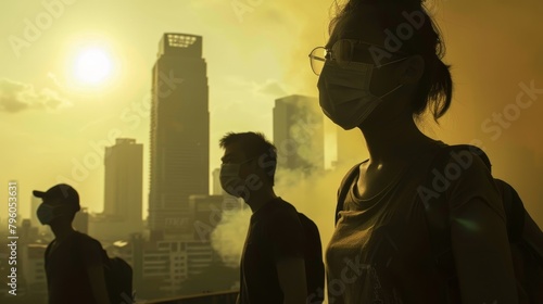 Bleak urban landscape of Bangkok, engulfed in dust with masked inhabitants, depicted in a dark setting, ultraclear photo
