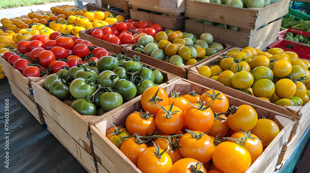 A vibrant display of fresh tomatoes at a farmer's market, with a variety of colors from deep red to sunny yellow, highlighting organic and locally grown produce.