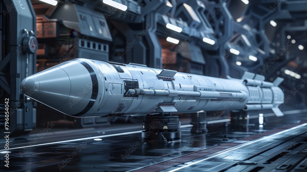 Sleek, futuristic nuclear missile, set against a scifi backdrop, portrayed with perfect clarity and no noise Sleek, futuristic nuclear missile, set against a scifi backdrop, portrayed with perfect clarity and no noise