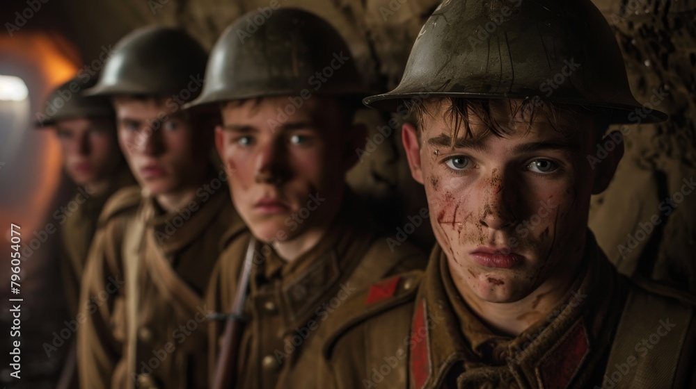 Young soldiers in a dim, quiet backdrop, their uniforms detailed in a silent, clear image