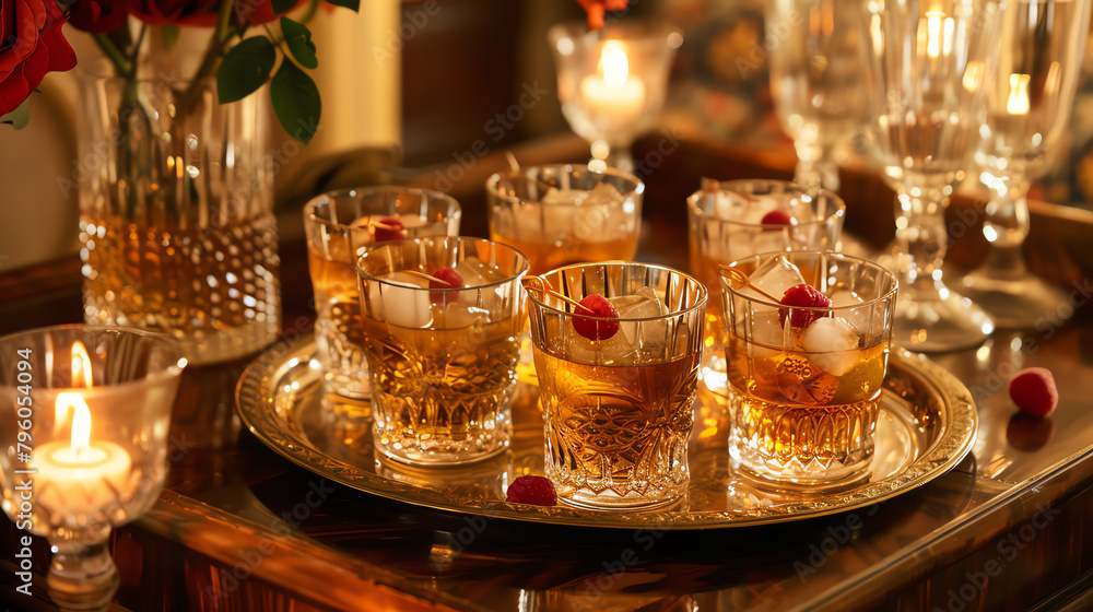 A vintage-themed cocktail party where guests are served Whisky Sours, with a focus on the drinks tray filled with elegantly garnished glasses, evoking a mid-20th-century feel.