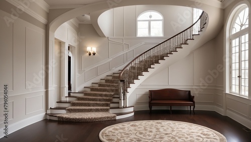 This is a photo of a staircase in a house. The staircase is made of wood and has a white handrail. There is a round rug at the bottom of the stairs and a chair to the right of the stairs. The walls ar