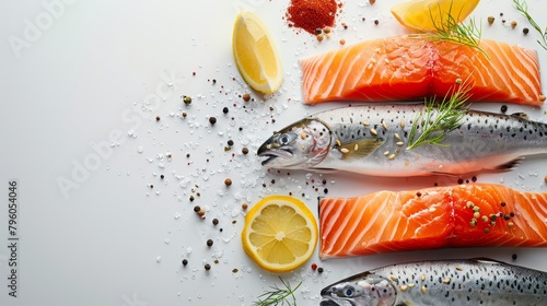 Culinary top shot of omega-3 rich fatty fish including salmon, mackerel, and trout, artistically arranged on a pristine isolated background photo