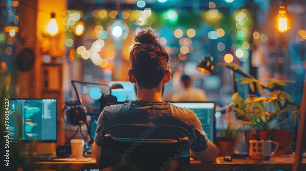 A focused programmer at a workstation in a vibrant, bokeh-lit office, surrounded by the glow of computer screens.