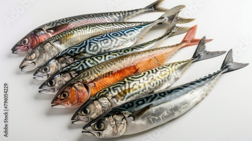 Culinary shot of a variety of fatty fish including mackerel and sardines, highlighting their health benefits, on a pristine isolated background, studio lighting