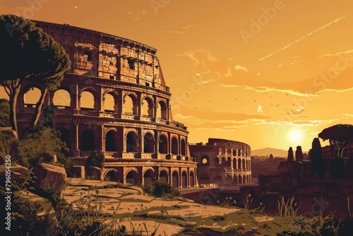 Beautiful Rome skyline depicting the Colosseum and ancient ruins, AI-generated