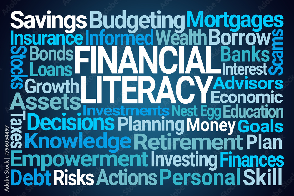 Financial Literacy Word Cloud on Blue Background