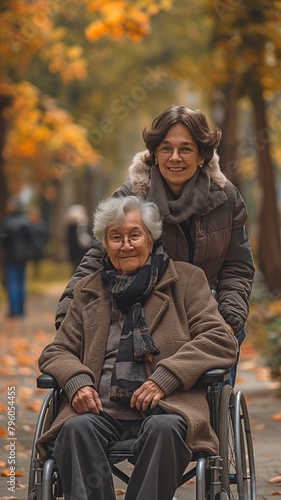 A senior citizen in a wheelchair in a verdant park, smiling broadly at her son