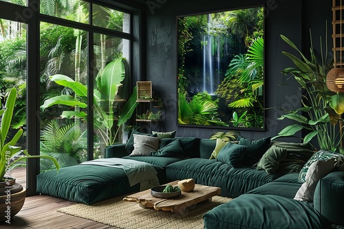 A luxuriously designed living room that brings the outdoors inside, featuring a stunning wall art of a waterfall amidst lush tropical foliage, creating a serene, green oasis. photo