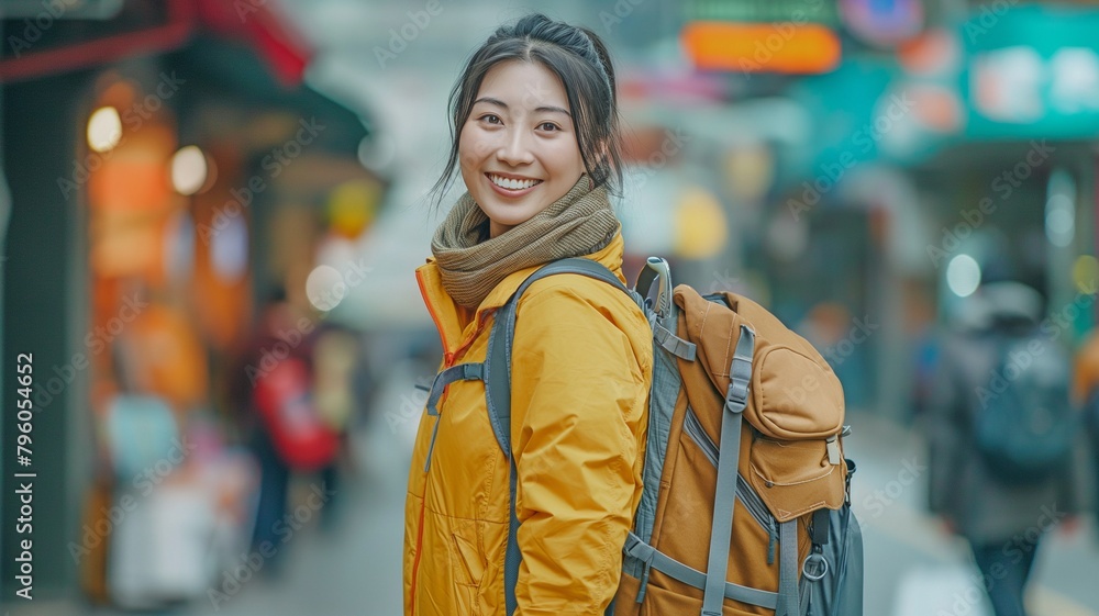 Asian woman standing on the street grinning and carrying a rucksack and bags Asian woman standing on the street grinning and carrying a rucksack and bags