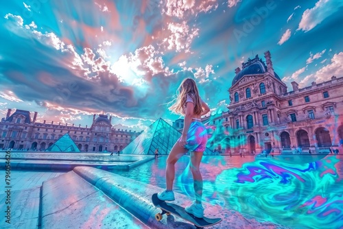 A youthful skateboarder glides by the iconic Louvre Pyramid under a sky with dramatic, dreamlike clouds, infusing fun into the historic setting new olympic game