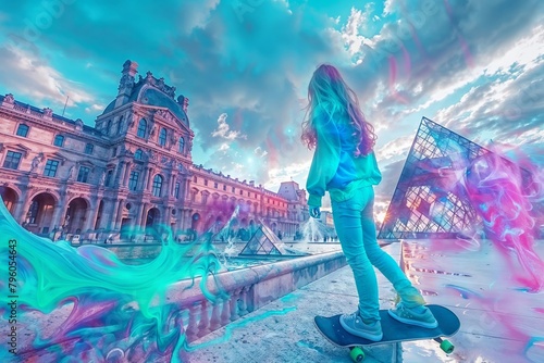 A young female skateboarder in front of the iconic Louvre Museum, amidst a surreal display of colorful, swirling effects under a dramatic sky new olympic game