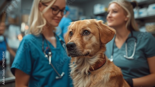 Golden Retriever receives comfort and attention from professional veterinarians in a veterinary clinic environment.