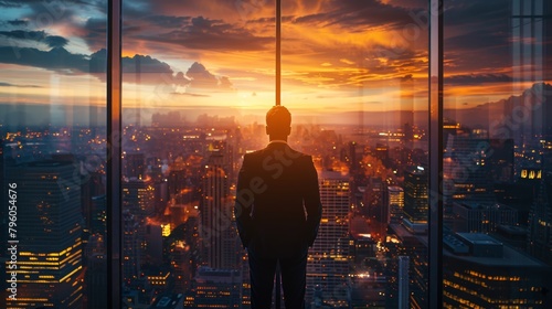 A businessman stands with his back to the camera, contemplating the city as it is bathed in the golden light of a stunning sunset seen from a high-rise office.
