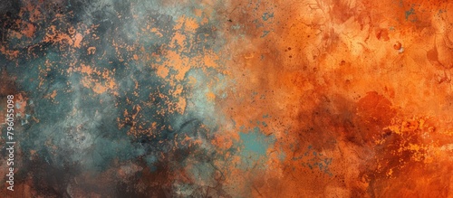 Rusted metal surface with blue and orange paint photo