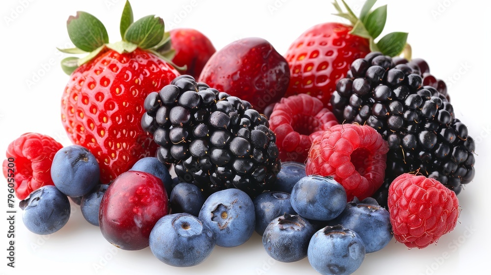 Close-up of a diverse berry mix, showcasing the textures of blueberries, strawberries, raspberries, blackberries, and cranberries, isolated on white, studio light Close-up of a diverse berry mix, showcasing the textures of blueberries, strawberries, raspberries, blackberries, and cranberries, isolated on white, studio light
