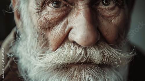 An elderly man with distinguished white whiskers, styled in a well-groomed beard and mustache, symbolizing wisdom and the passage of time.